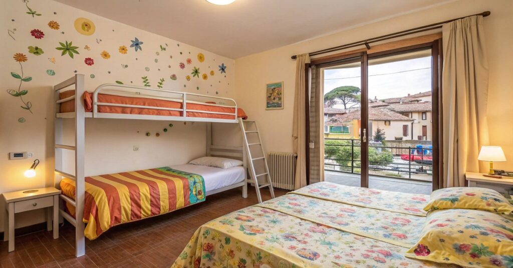 A cozy family-friendly room in an Italian budget hotel, featuring a double bed, bunk beds, and cheerful decor, with a window overlooking a quaint street
