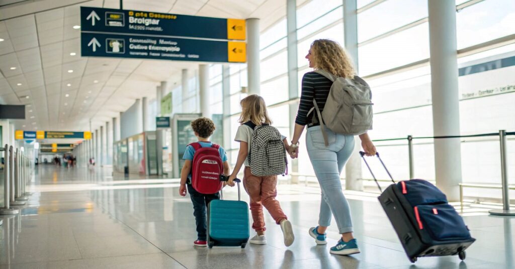 A family boarding a budget airline flight, with bright signage of secondary Italian airports visible in the background.
