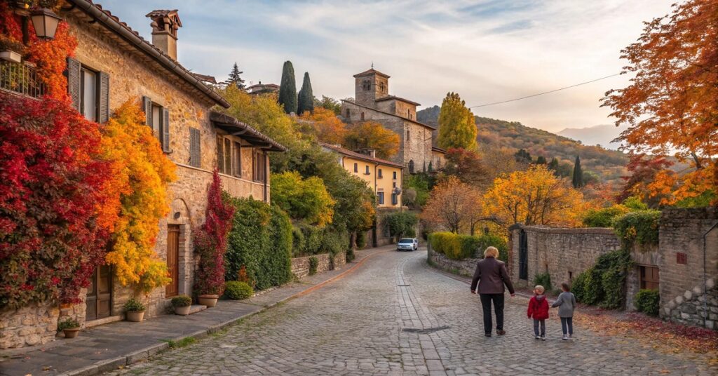 A serene Italian village in autumn with colorful foliage, quiet streets, and a family walking together, capturing the essence of the shoulder season.

