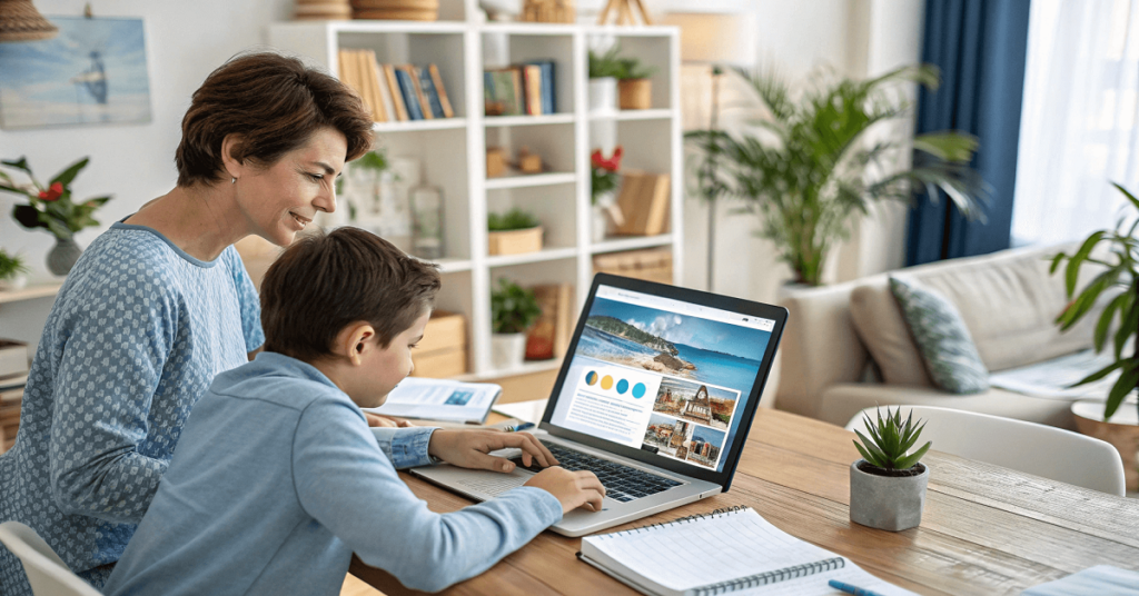 A travel-savvy parent booking a hotel online, with side-by-side price comparisons visible on the screen, highlighting the direct booking discount.
