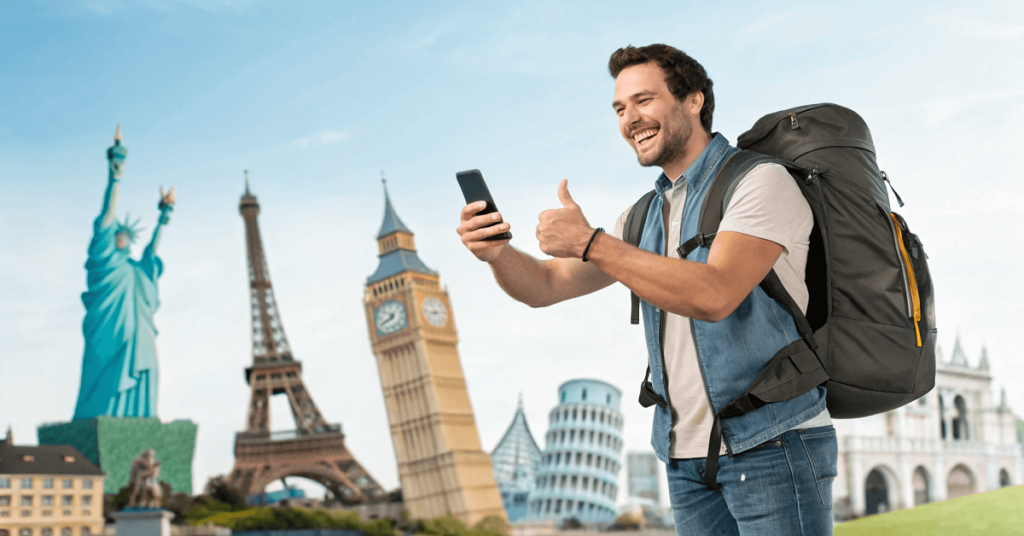 Illustration of European travel with iconic landmarks like the Eiffel Tower, Colosseum, and Big Ben, a young couple with backpacks and suitcases on a globe, surrounded by flight paths, and the title overlay 'Best Travel Insurance for European Trips in 2025: What You Need.'
