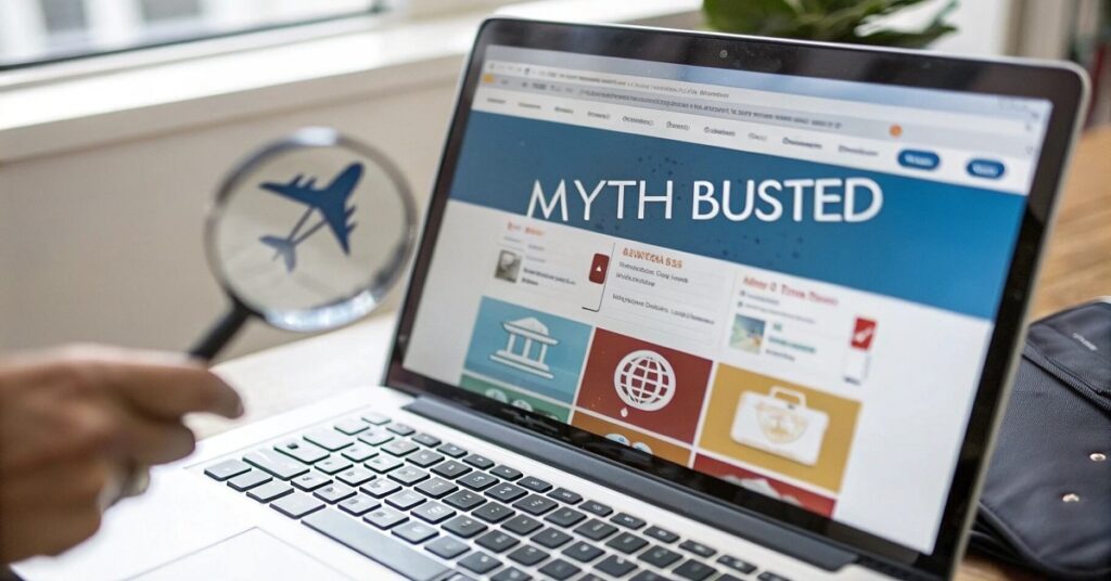 Laptop showing flight search in incognito mode with 'Myth Busted' overlay, debunking the idea that incognito mode lowers flight prices