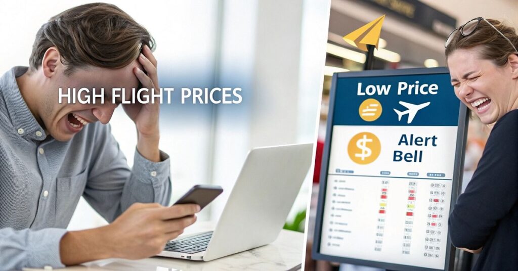 Split image: Frustrated traveler with high flight prices vs. happy traveler with cheap flights, illustrating the benefits of using real strategies over incognito mode