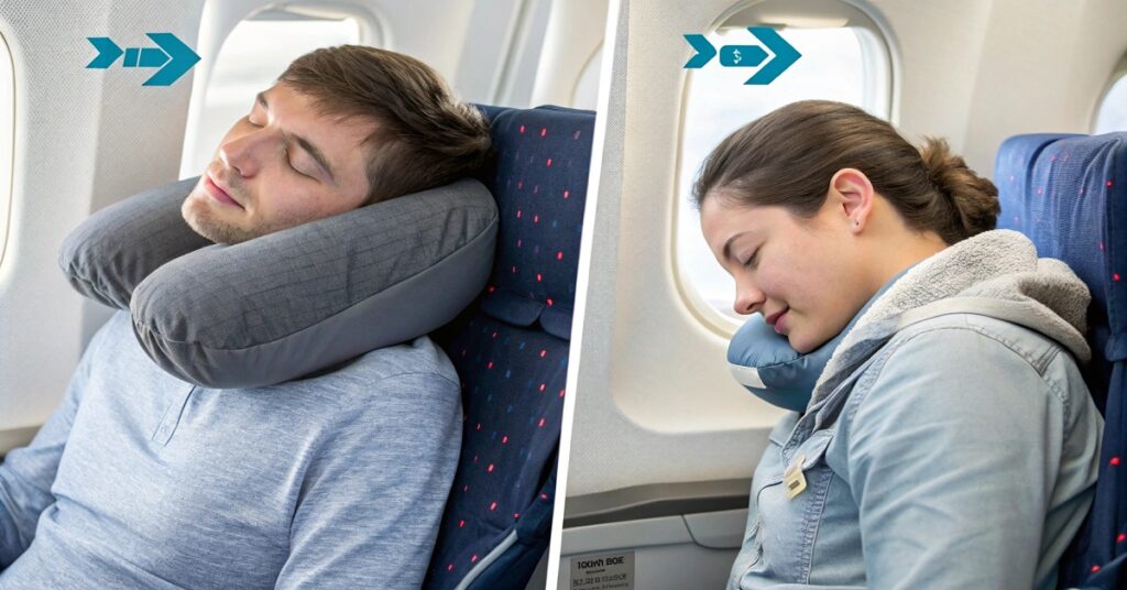 Traveler comfortably resting on an airplane seat using a supportive travel pillow, with the title 'How to Choose a Travel Pillow: Your Guide to Comfort on the Go' overlaid in a modern, readable font