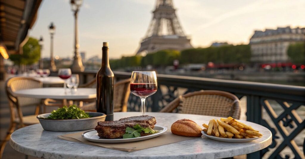 Paris bistro: Steak frites and wine, showcasing one of the best places for food lovers around the world.