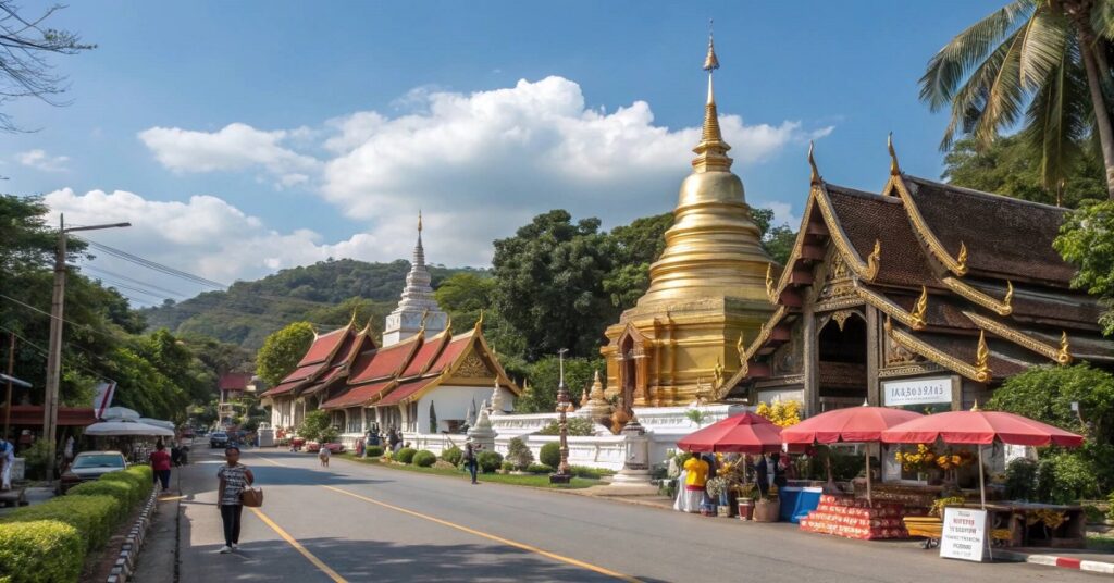 Traditional architecture and lush greenery in Chiang Mai, Thailand.