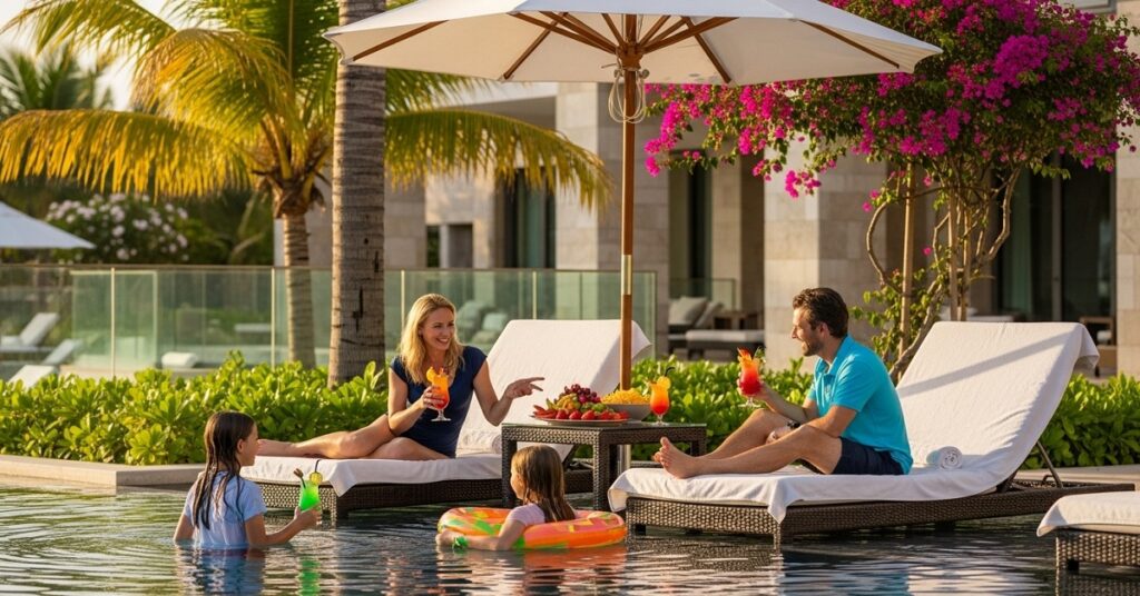 Picture an inviting image here: maybe a family happily tucking into a buffet meal, or relaxing by a resort pool, with drinks and snacks readily available.